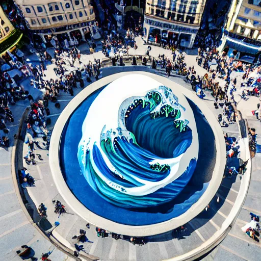 Prompt: A white and blue marble sculpture of The Great Wave off Kanagawa in the middle of an Italian piazza, midday, 4k photograph, sunny day, long shot, overhead view, far away