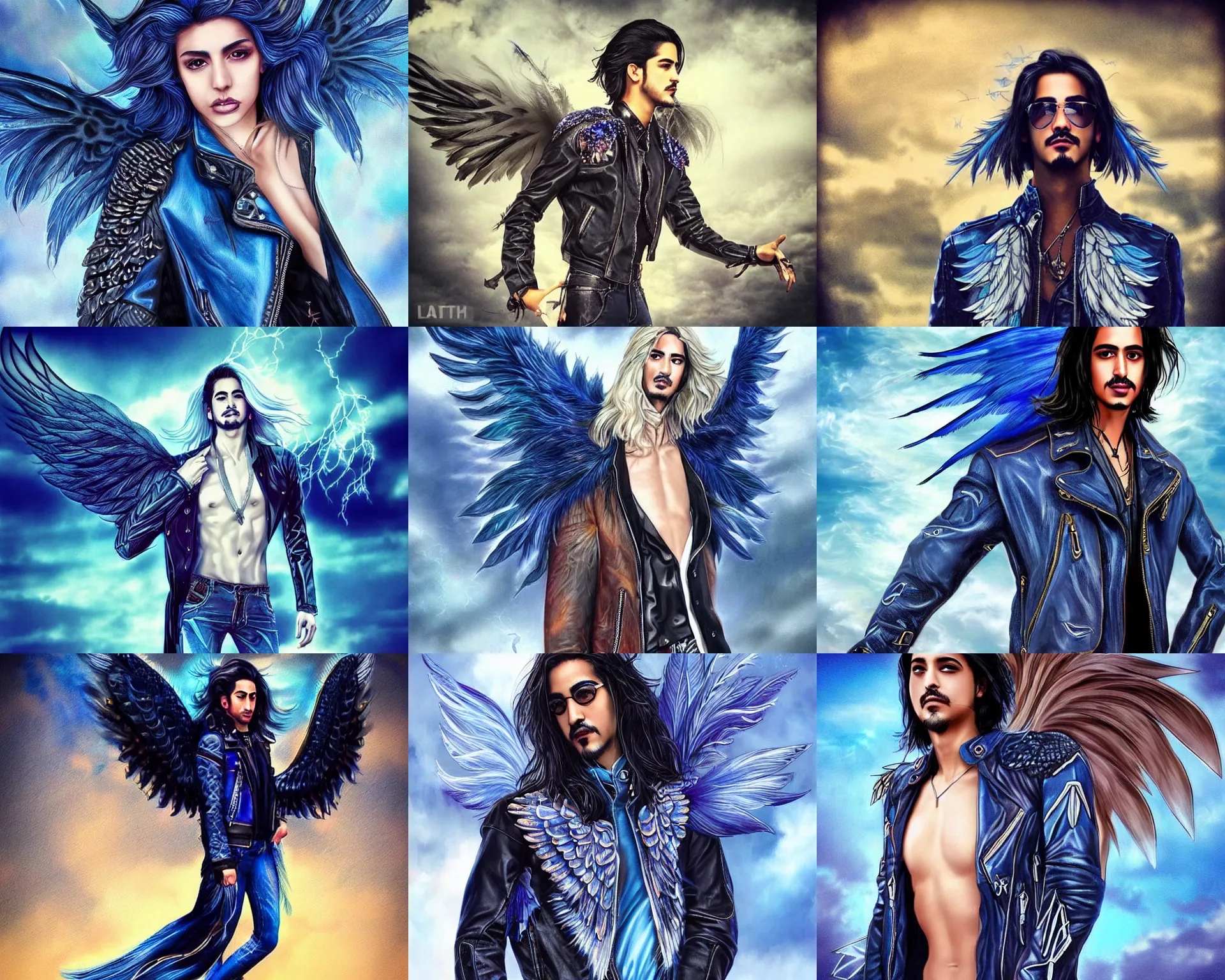 Prompt: angel avan jogia with blue-feather wings. Leather jacket, boots and jeans. Wings with electric patterns. Floating in a stormy sky. Distant full body shot. Artwork by artgerm