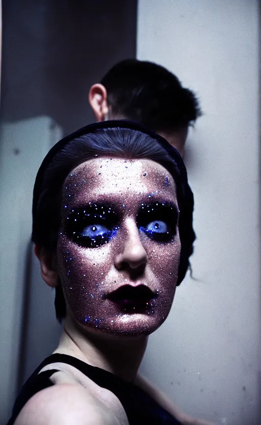 Image similar to cinestill 5 0 d candid photographic portrait by stanley kubrick of a feminine man wearing rugged black techwear and glitter makeup looking in the bathroom mirror, cramped new york apartment, medium closeup, retrofuturism cyberpunk emotional cinematic, light and shadows, 8 k, hd, high resolution, 3 5 mm, f / 3 2, ultra realistic faces