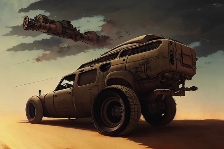 Prompt: dieselpunk mad max's 4 wd honda e kei van : : speeding over the horizon : : painted by greg rutkowski makoto shinkai takashi takeuchi studio ghibli, akihiko yoshida