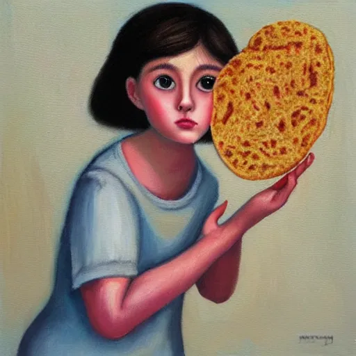 Prompt: orphan girl pondering a taco. oil on canvas painting by margaret keane.