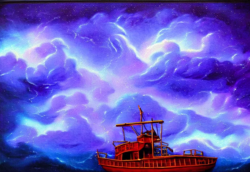 Image similar to purple color lighting storm with stormy sea close up of a pirate ship firing its cannons trippy nebula sky with dramatic clouds painting by Richard Prince Photorealism