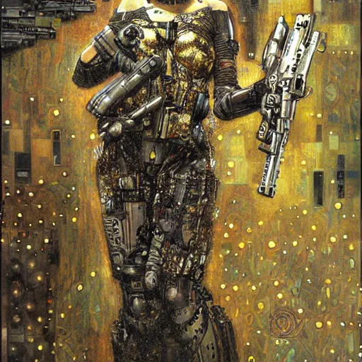 Image similar to cybernetic female supersoldier armed with laser rifle, intricate detail, klimt, royo, whealan,