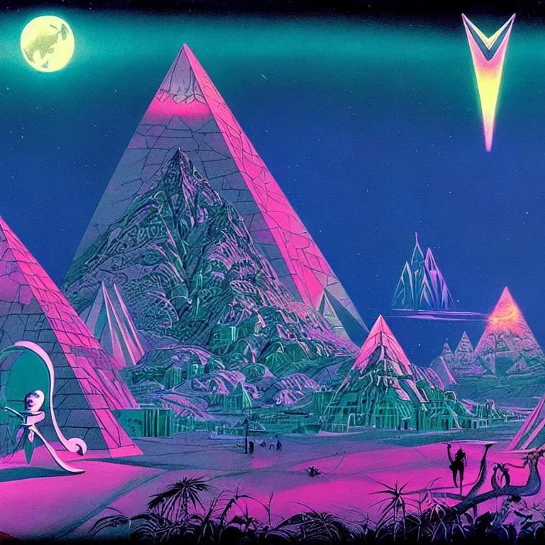 Image similar to mysterious ufo hovers over magical crystal pyramid, pink crescent moon, bright neon colors, highly detailed, cinematic, eyvind earle, tim white, philippe druillet, roger dean, ernst haeckel, lisa frank, aubrey beardsley