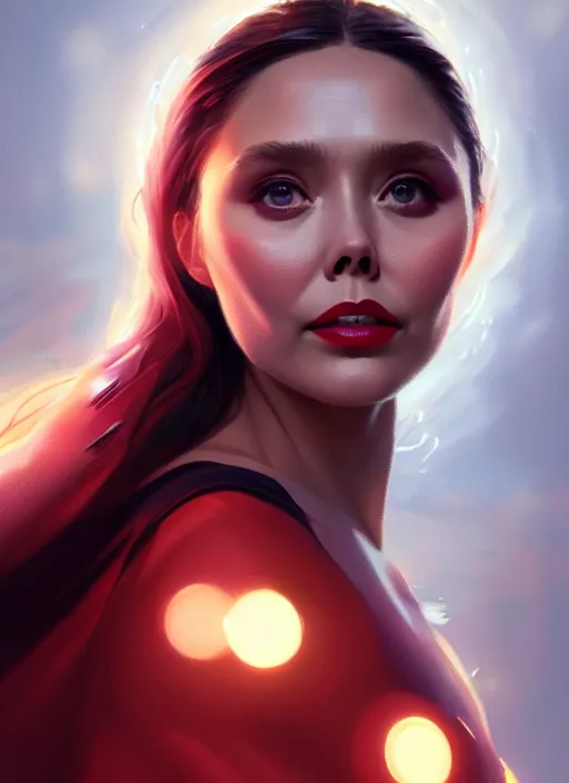 Image similar to portrait of modern darna, elizabeth olsen, intricate, elegant, glowing lights, highly detailed, digital painting, artstation, glamor pose, concept art, smooth, sharp focus, illustration, art by wlop, mars ravelo and greg rutkowski