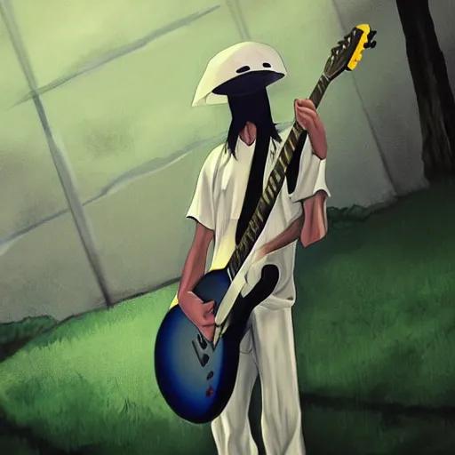 Prompt: guitarrist buckethead, Artwork by Makoto Shinkai, 4k, pixiv, digital artwork, high quality