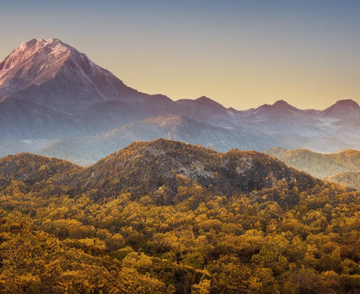 Image similar to 4 k hd, high detail photograph of mountain ranges seen from far away, morning, spring, shot with sigma f / 4. 2, 2 5 0 mm sharp lens, wide shot, consistent, volumetric lighting, high level texture render, unreal engine