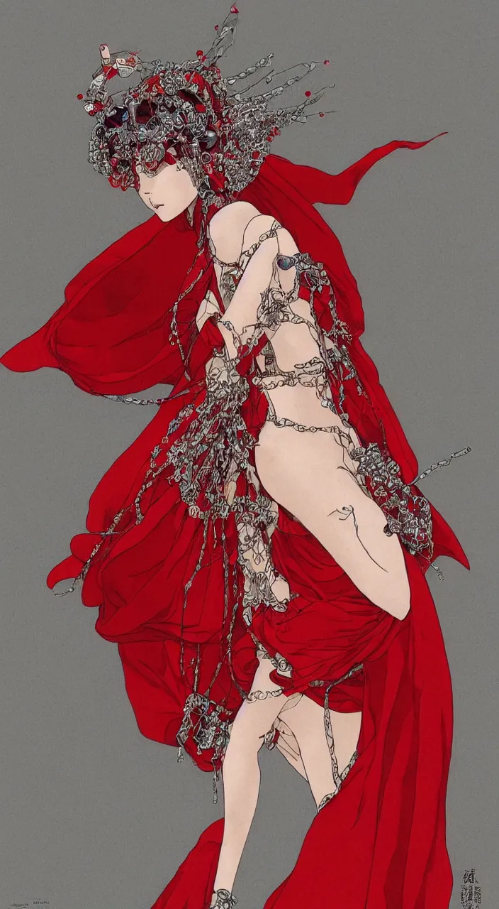 Image similar to a female character design wearing high fashion, beads hanging over her face like an alexander mcqueen headdress, haute couture, dior, and a red cape by kawase hasui, moebius, hd, 8 k, artstation, high quality, ultra detailed