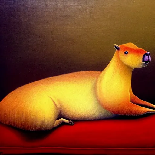 Image similar to capybara posing on a couch | in the style of salvadore dali | matte oil painting | featured on artstation | impressionist