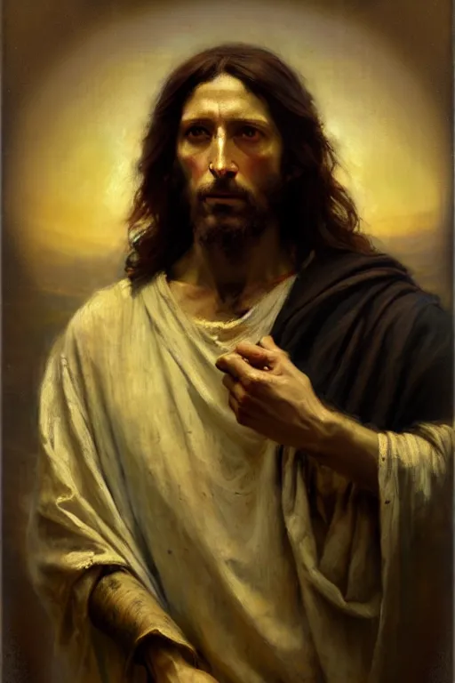 Image similar to photograph imax and solomon joseph solomon and richard schmid and jeremy lipking victorian loose genre loose painting full length portrait painting of jesus