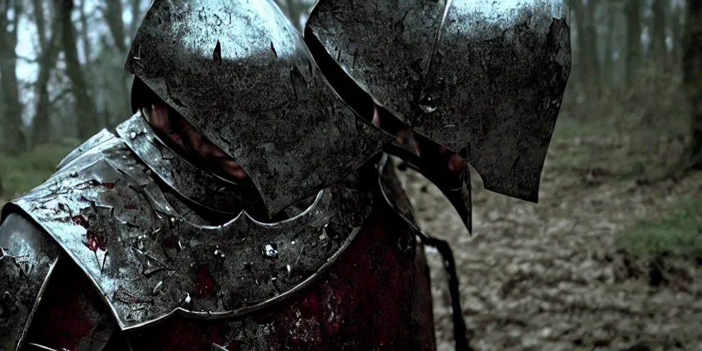 Image similar to film still of closeup the knight in shattered armor holds a bleeding heart by emmanuel lubezki