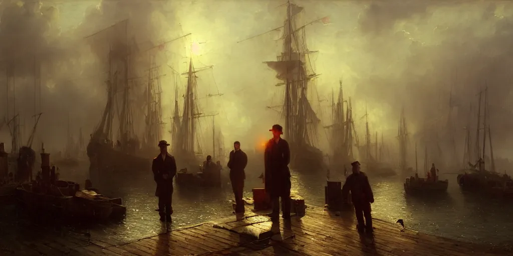 Image similar to a seaport in 1 9 4 0 with red light on, sunny day, a men stand up next to the edge, mystical orange fog, oil on canvas, art by andreas achenbach, clemens ascher, tom bagshaw and sabbas apterus,