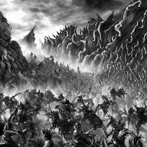 Image similar to the battle of two huge armies in the style of kentaro miura, 4 k, 8 k, absolute detailing of even the smallest details and particles, beautiful shadows, beautiful art, black and white drawing