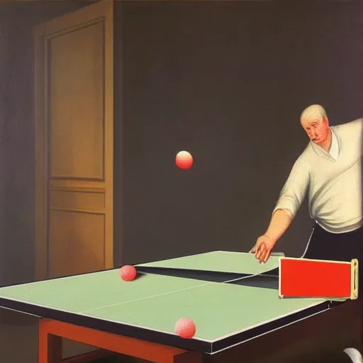 Image similar to a man playing ping pong against 3 other men by Raphael, Hopper, and Rene Magritte. detailed, romantic, enchanting, trending on artstation.