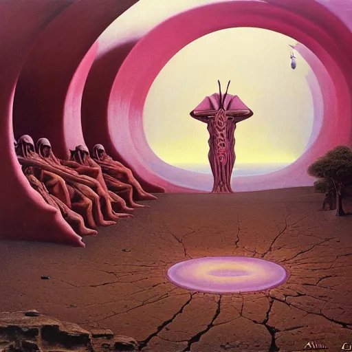 Prompt: african moors in white robes building a steampunk portal near a pink lake by zdislaw beksinski and thomas blackshear and alex grey, oil on canvas, 8k