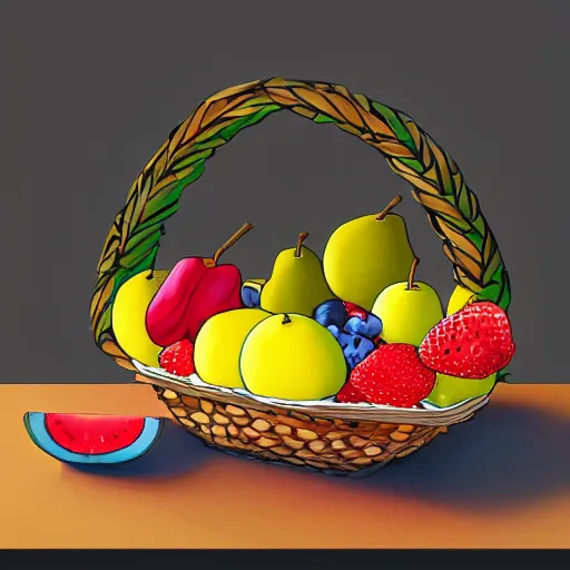 Prompt: a fruit basket on top of a kitchen table, trending on artstation