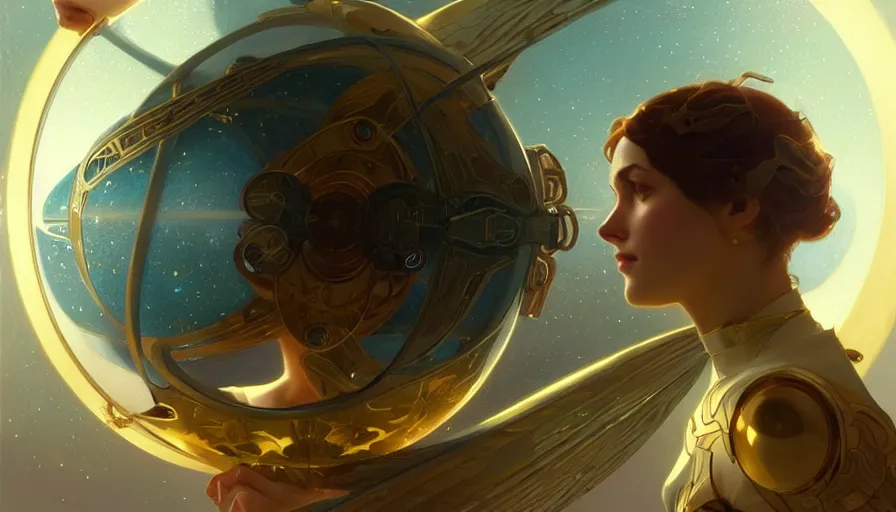 Image similar to a spherical flying probe made of gold, elegant, cinematic shot, intricate digital painting artstation concept art smooth sharp focus illustration, art by artgerm and greg rutkowski and alphonse mucha