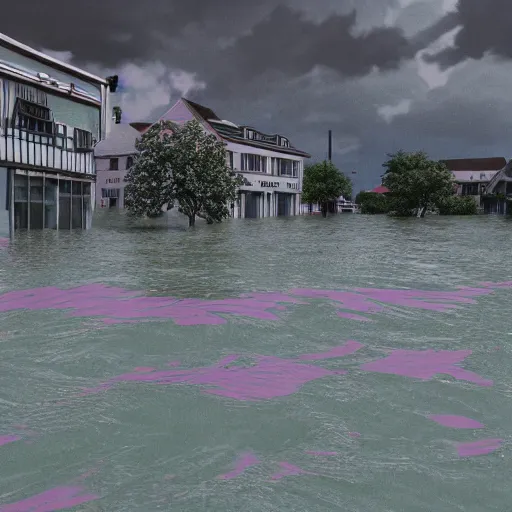 Image similar to 80s vaporwave outrun 3d Render of a german town being flooded, liminal space retro, grainy, noisy