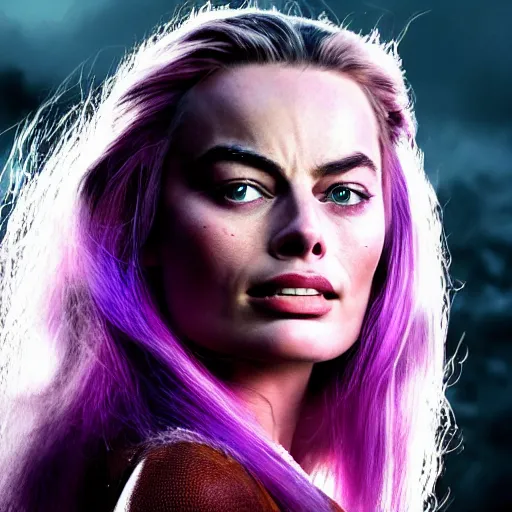 Prompt: an award winning cinematic still of beautiful Margot Robbie Wolverine with long purple hair in , 16k hyper realistic photograph, centered, dramatic lighting