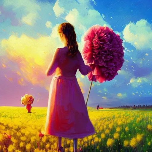 Image similar to girl with a giant carnation head, surreal photography, flower field, sunset dramatic light, impressionist painting, colorful clouds, blue sky, digital painting, artstation, simon stalenhag