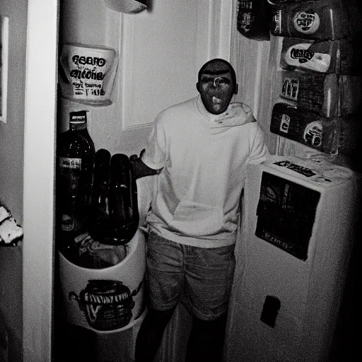 Prompt: grainy photo of a gatorade cooler as a creepy monster in a closet, harsh flash