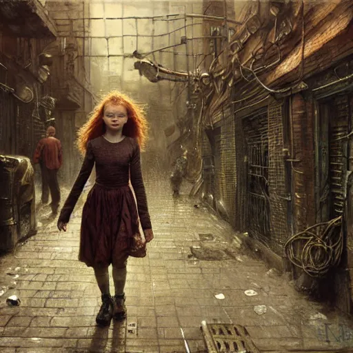 Prompt: close view of sadie sink. runs desperately | a mechanical monstrosity runs toward sadie sink | background : alleyway near decaying tenements. concept art for scifi dystopian film. by nikolay makovsky, bob byerley, wadim kashin, andrea kowch. cinematic moody atmosphere, detailed and intricate, perfect anatomy