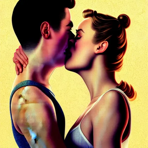 Image similar to brie larson and amber heard kissing, full body portrait, natural lights, photorealism, dramatic, cinematic, art by artgerm, rossdraws, norman rockwell, magali villeneuve, gil elvgren, alberto vargas, earl moran, enoch bolles