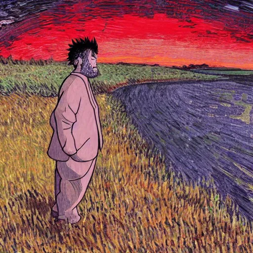 Image similar to sad ominous painting of guy fieri sitting in a field at night, in the style of studio ghibli and moebius and claude monet and vincent van gogh