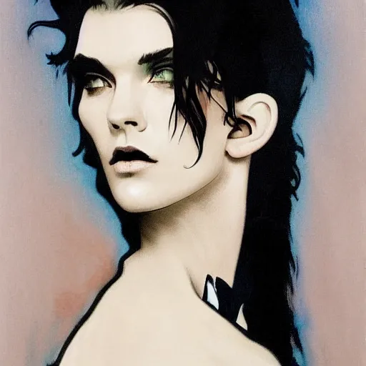 Image similar to beautiful portrait of androgynous ruby rose as desire from sandman in a white tuxedo!!!, rockabilly style,, by alphonse mucha, by jeremy mann, by peter lindbergh, dave mckean, by frank moth, by cedric peyravernay, white suit and black tie, soft lightning, high detailed, 8 k