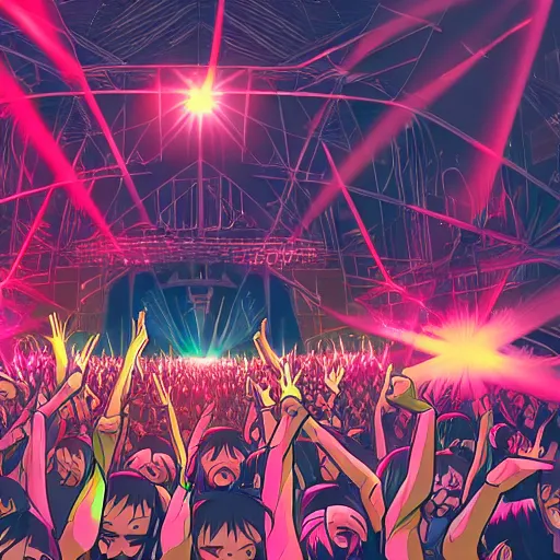 Prompt: 2 performers, one with short dreads hair cut, crowd surfing, bodies being stretched out by crowd, concert stage in background with lasers, style of anime art, image from perspective of drone
