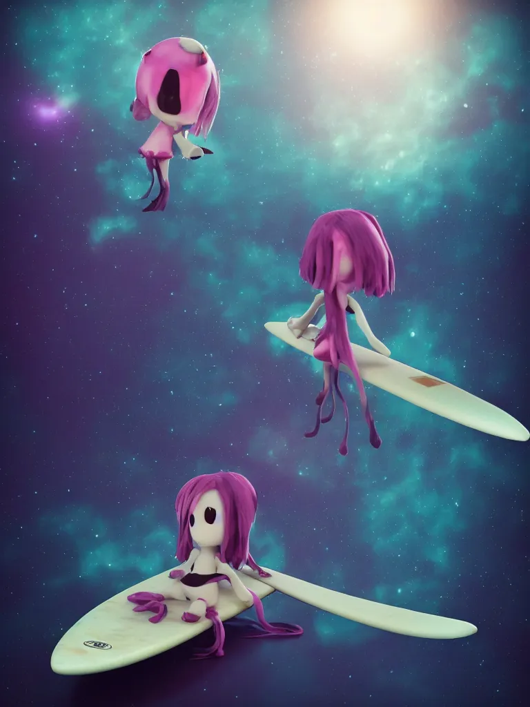 Image similar to cute fumo plush gothic maiden alien girl riding on a surfboard in the dark galactic abyss, hearts, vignette, vray