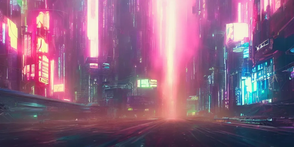 Image similar to i, a cyberpunk city, mist, rain, neon light, giant aircrafts, high definition, trending on artstation