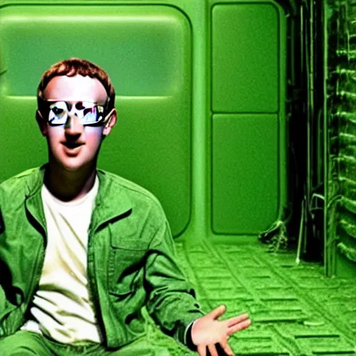 Image similar to a small weird childish alien as Mark Zuckerberg sitting in a room made of green slime and purple mold. Photograph from science fiction movie.