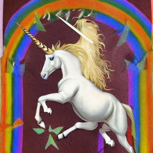 Image similar to an absolute beast of a muscly unicorn walking on rainbow in the style of caravaggio