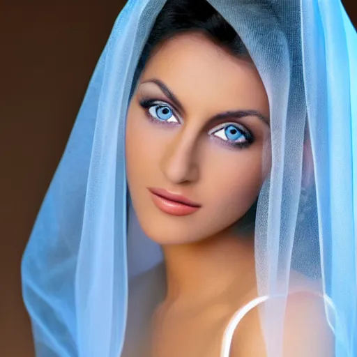 Image similar to Arab young Monica Belluci, tanned skintone, bright blue eyes, white transparent veil, light blue dress portrait