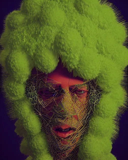 Prompt: portrait of Tennis Ball Monster intricate abstract. intricate artwork. by Tooth Wu, wlop, beeple, dan mumford. mulholland drive by david lynch, dune by david lynch, octane render, trending on artstation, greg rutkowski very coherent symmetrical artwork. cinematic, hyper realism, high detail, octane render, 8k, iridescent accents