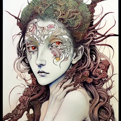 Prompt: prompt: Mysterious girl face painted in William Blake style drawn by Vania Zouravliov and Takato Yamamoto, intricate oil painting, high detail, Neo-expressionism, post-modern gouache marks on the side, gnarly details soft light, white background, intricate detail, intricate ink painting detail, sharp high detail, manga and anime 2000