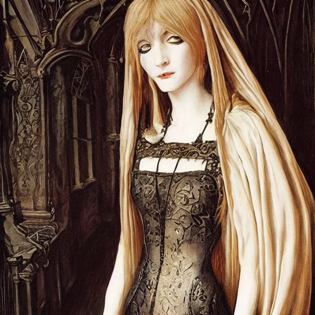 Prompt: a painting of a pale gothic girl in a beautiful dress by johfra bosschart, dark fantasy art, high detail, trending on artstation