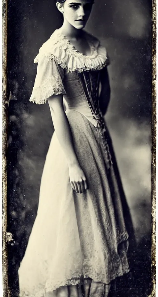 Image similar to a wet plate photograph, a beautiful portrait of Emma Watson dressed in victorian era clothes