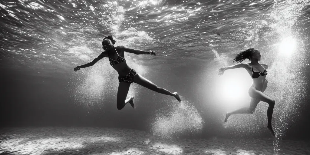 Image similar to Photography of a female black athletic skinny woman, taken under water in a pool in summer, she just jumped into water, many bubbles and rays of sun