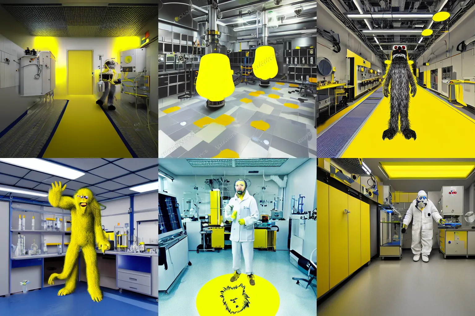 Prompt: hairy monster in laboratory clean room, photolithography, high vacuum chamber, yellow artificial lighting, photorealistic