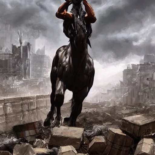 Prompt: splash art of a muscular black - coated anthropomorphic horse character wearing tactical kevlar fabric standing in rubble, long white mane visible, exaggerated muscles, highly detailed, furry, furaffinity, digital painting, artstation, sharp focus, illustration, art by artgerm, greg rutkowski, alphonse mucha