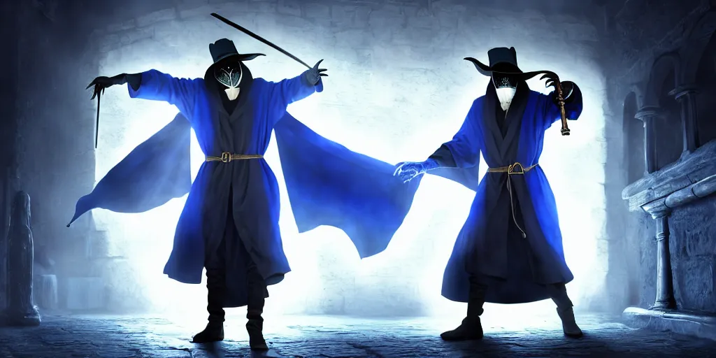 Image similar to action packed scene of a handsome plague doctor in a blue wizard robe who is a male sorcerer he is casting a spell that is emanating from his hands he is in a alchemist lab, action pose, medium shot, waist up, digital art, photoreal, 4 k, unreal engine 5, anime, d & d design, gta cover art