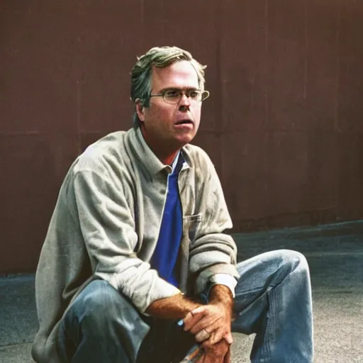 Image similar to Jeb Bush as a homeless man. CineStill