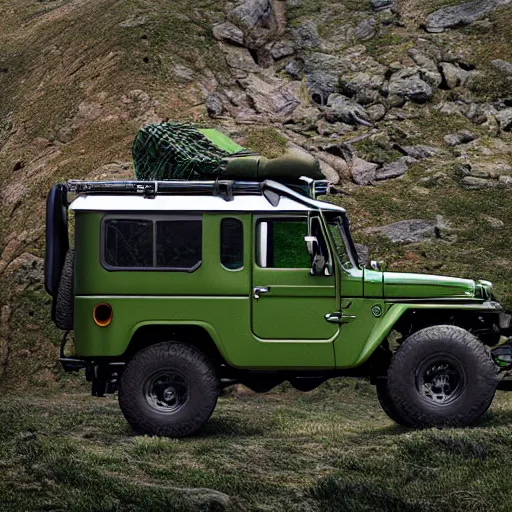 Image similar to closeup of a green Toyota Fj43 build in 1981, traveling through the mountains, black roof, with a roof rack, detailed, in the style of Leonardo da Vinci, 8K, octane render, 8K,