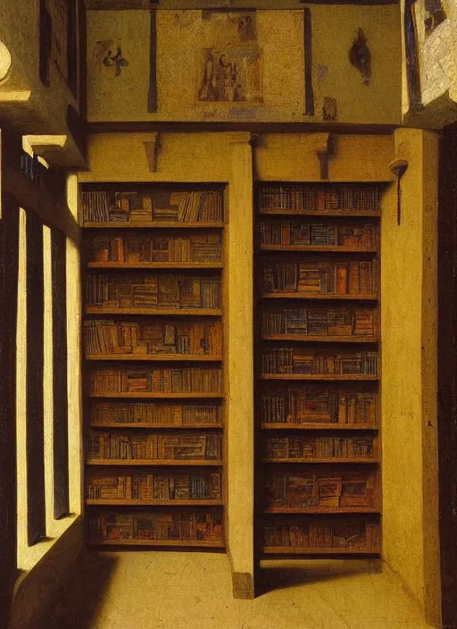 Image similar to bookshelf with books, medieval painting by jan van eyck, johannes vermeer, florence