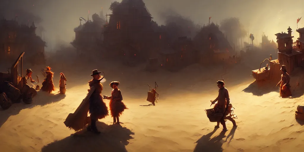 Image similar to playing at the sandbox by otto dix and greg rutkowski and andreas rocha, cinematic lighting, highly detailed, warm colours, 4 k