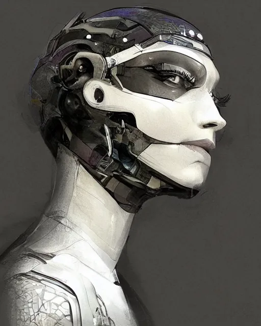 Prompt: fine art portrait head shot minimal geisha cyborg mech by ilm and bill sienkiewicz and emmanuel shiu, zaha hadid, simplified neo - futuristic tactical, ennui pose feminine, studio, mamiya 6 5 mm photograph, iso 4 0 0, f / 5. 6, hyperrealism, studio lighting, high detail, sharp focus, trending artstation, cgsociety