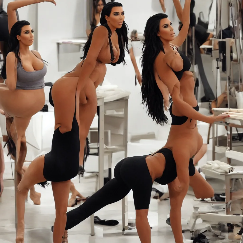 Image similar to kim kardashian in a modeling studio, yoga pose, hd, tan, camisole, body shot