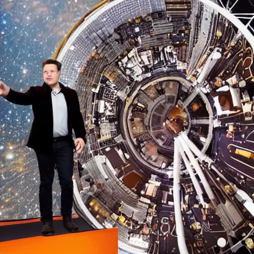 Image similar to elon musk pointing at the stars while people are crowding around